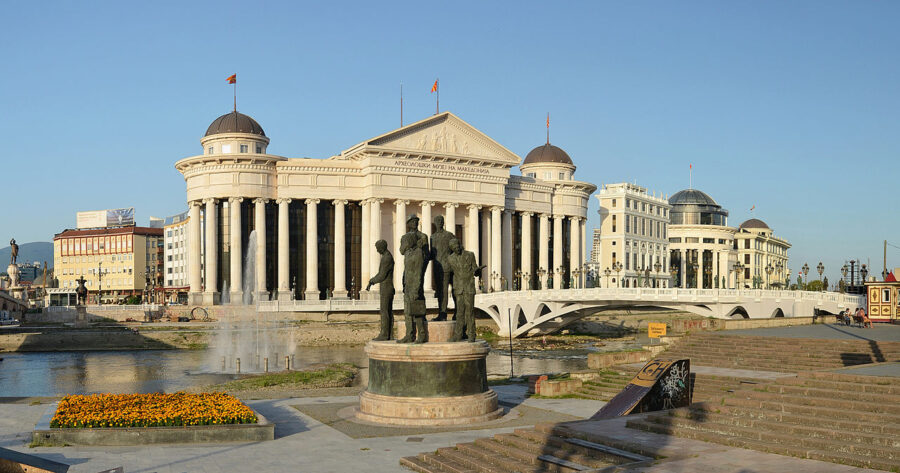 Statue in front of a fountain at the Archeological Museum of Macedonia, Skopje, Macedonia.
