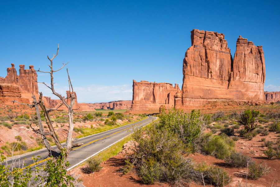 Panoramic view of Arches National Park, showcasing stunning rock formations and expansive desert landscape