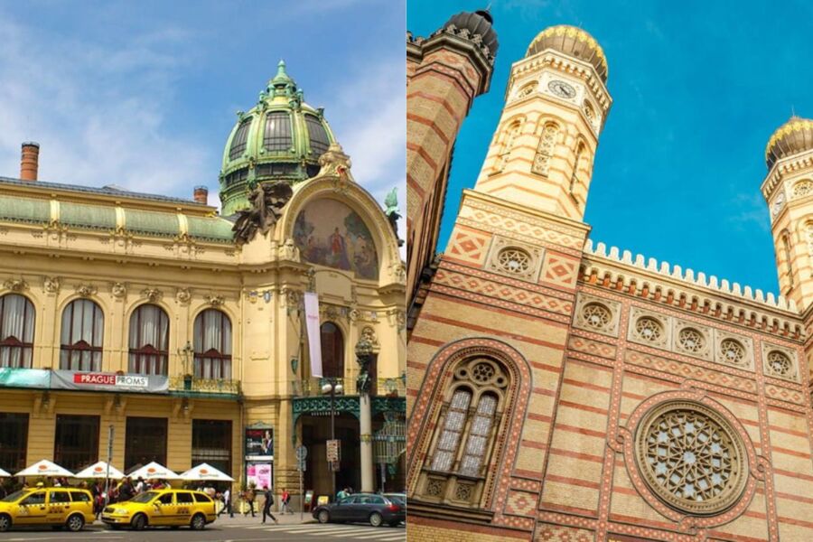 Architectural contrast: Pragues Baroque concert hall and Budapests Moorish Revival structure.