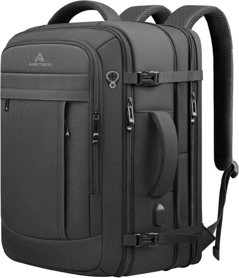 Black AREYTECO Travel Carry On Backpack featuring two compartments and a dedicated laptop compartment.
