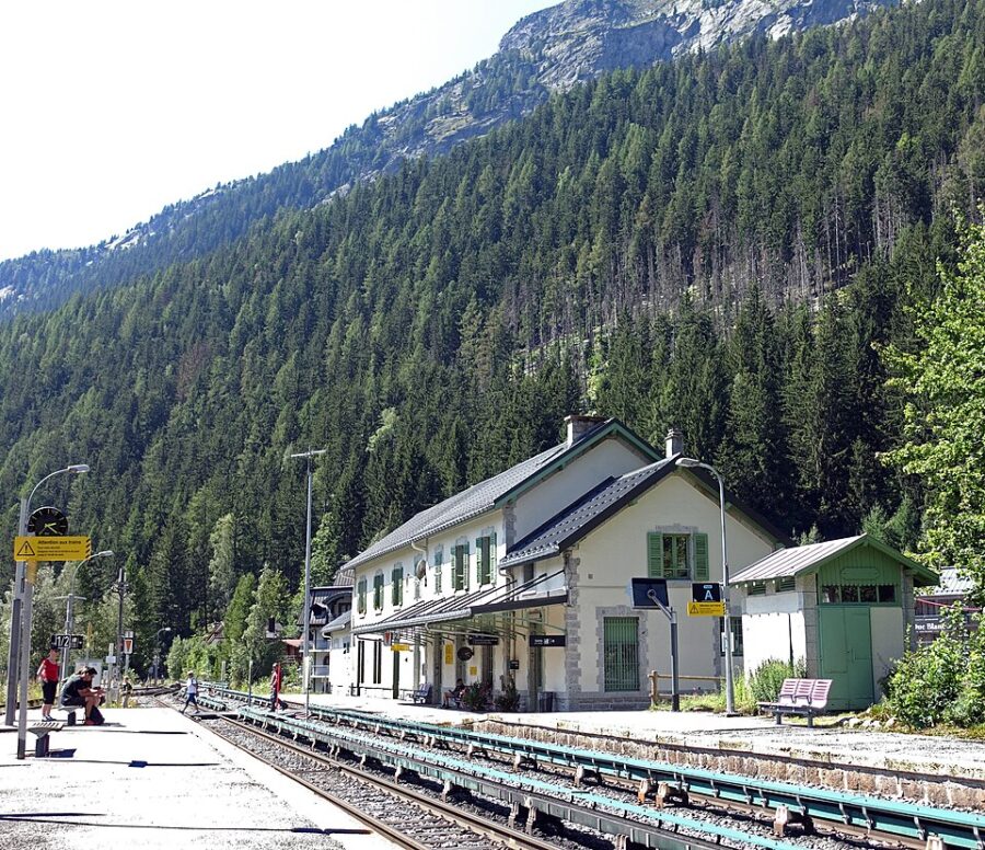 Argentière Train Station, France, set against a stunning mountain landscape.

