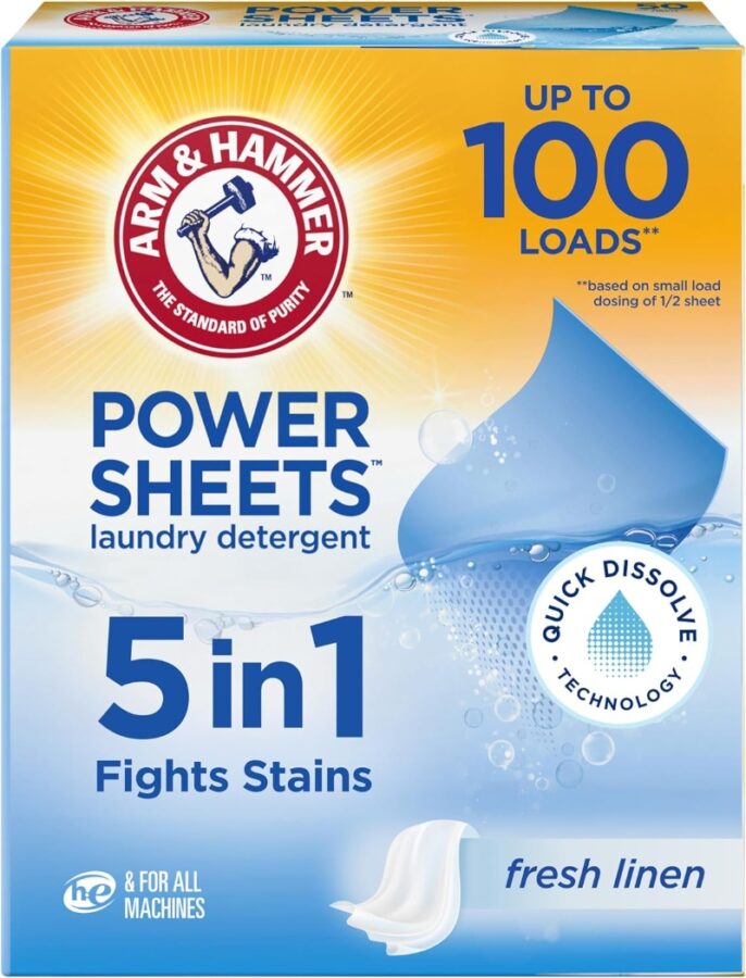 Packaging for Arm & Hammer Power Sheets laundry detergent with a bright sunburst, emphasizing "5 in 1," "fights stains," and "up to 100 loads."