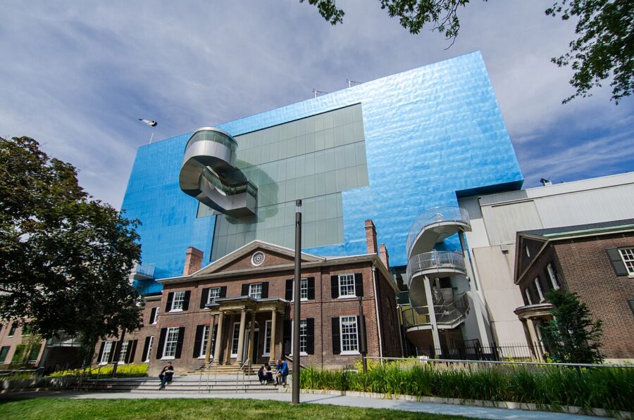 Exterior view of the Art Gallery of Ontario with a striking blue building element.
