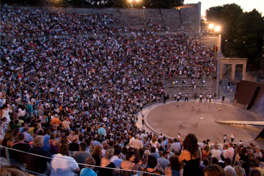 Performance at the ancient Theatre of Epidaurus during the Athens Epidaurus Festival, showcasing classical artistry