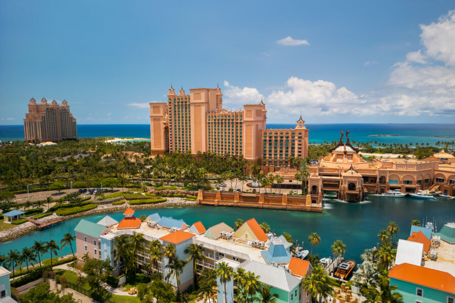 Aerial view of Atlantis Hotel and Resort on Paradise Island, showcasing its distinctive architecture and surrounding turquoise waters
