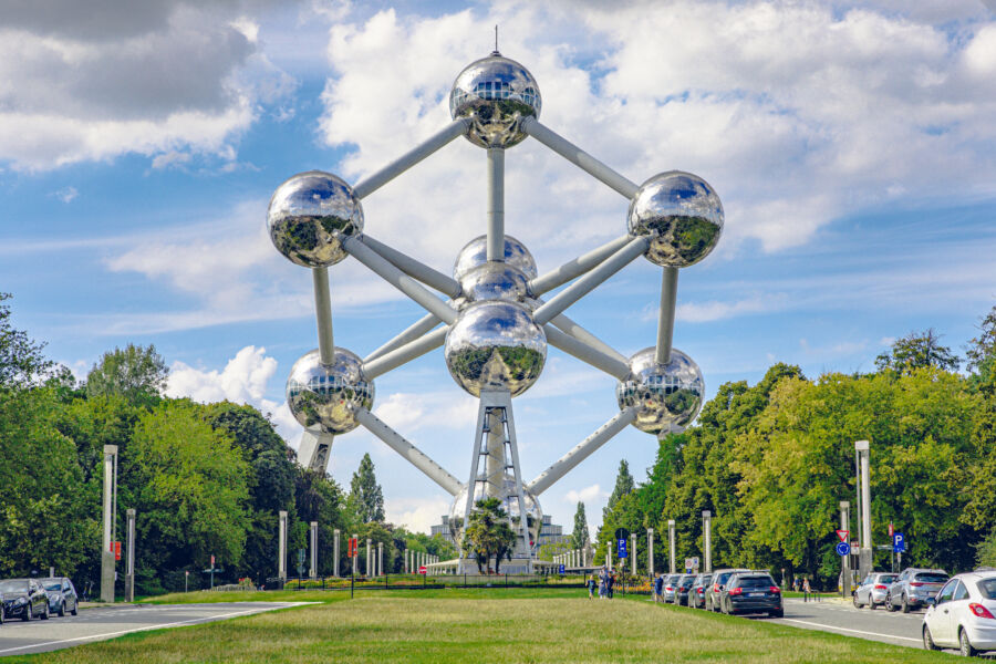 The Atomium in Brussels, Belgium, is a 102-meter tall iron atom model built for Expo '58, showcasing modernist architecture