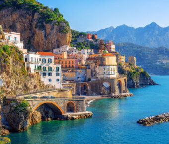 Scenic view of Atrani town on the Amalfi Coast, showcasing its charming architecture and coastal landscape in Sorrento, Italy