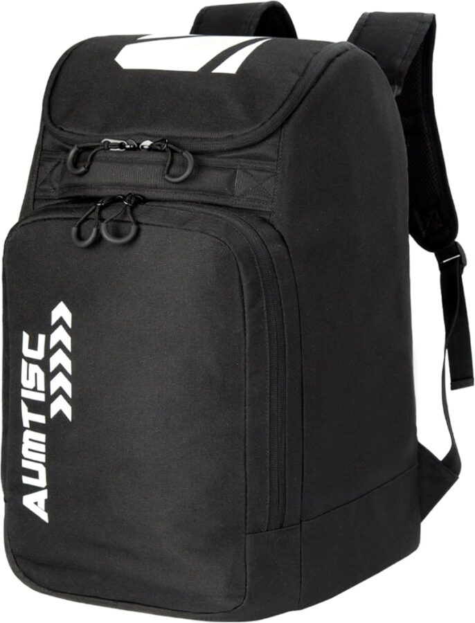 Black backpack labeled "almtec," designed for ski helmets and boots, model AUMTISC 65L.