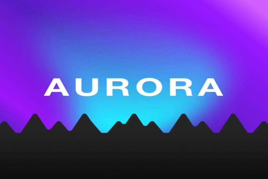 Aurora design featuring bold text over a serene gradient with mountain silhouette.