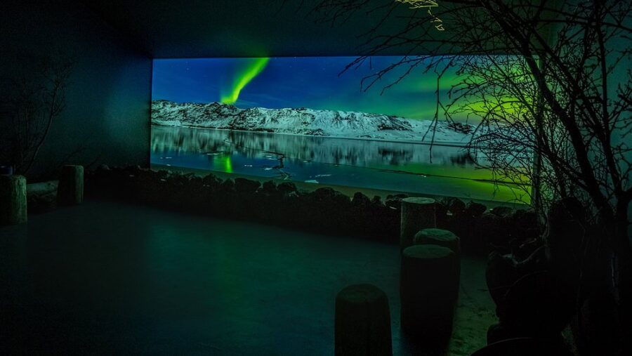 The aurora borealis illuminated on a screen at Aurora Reykjavik, capturing the stunning colors of the Northern Lights.