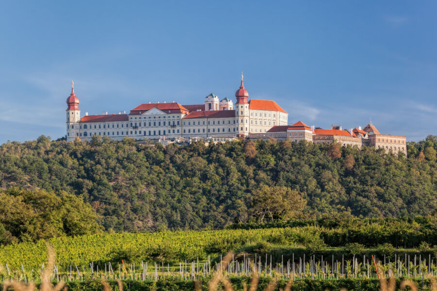The church of Goettweig Monastery with lush vineyards in the picturesque Wachau area of Lower Austria, close to Krems