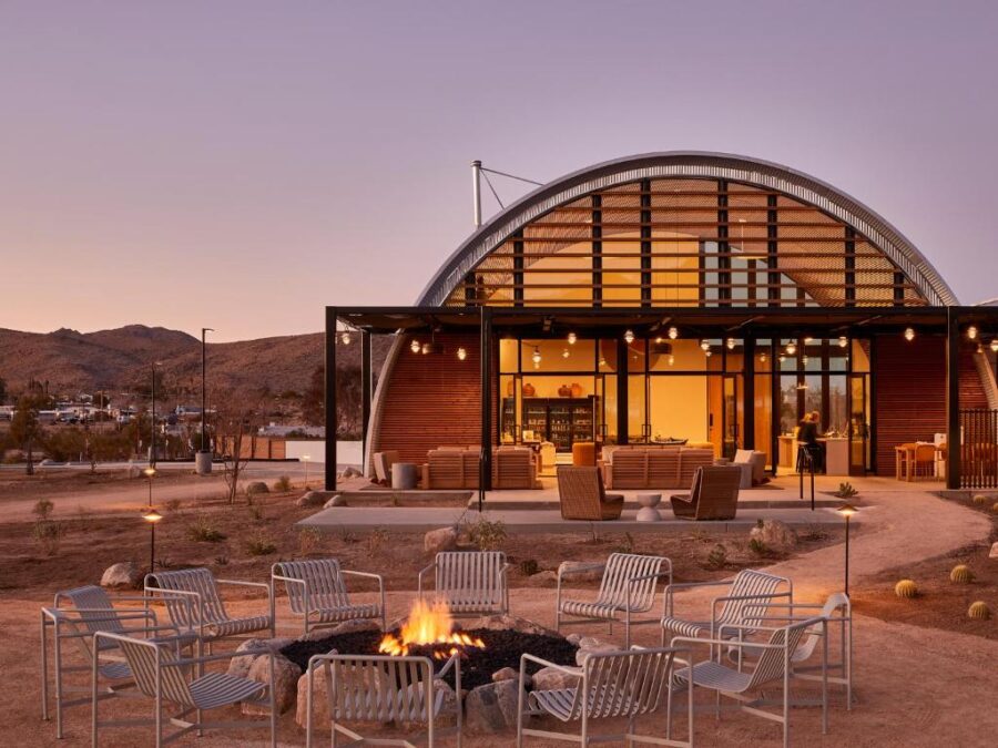 The lodge at AutoCamp Joshua Tree, a cozy retreat in Palm Springs, California, surrounded by desert landscapes.