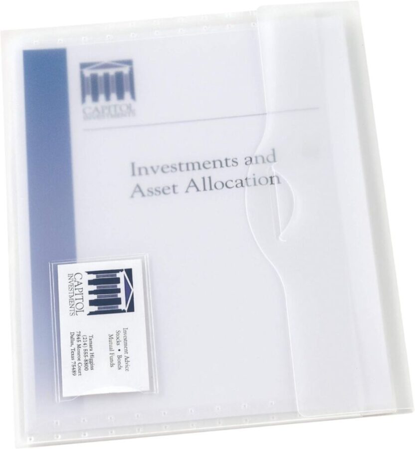 Avery Clear Document Wallet in white, featuring the labels "Investments" and "Asset Allocation" for financial organization.