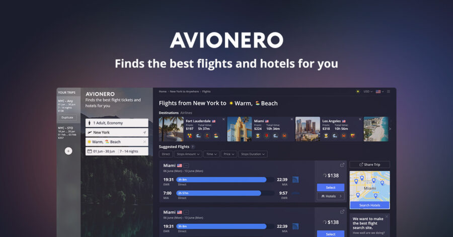 Modern travel booking interface for flights and hotels with Avionero branding.