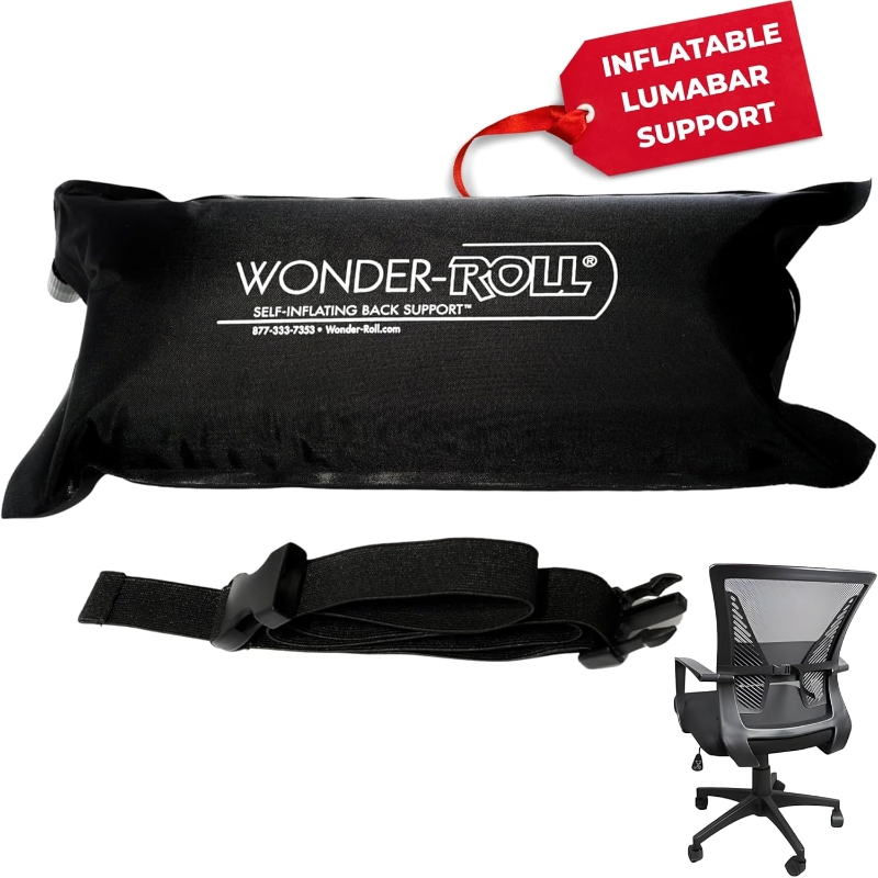 Backwonder Wonder-Roll self-inflating lumbar pillow designed for office chair comfort and support.