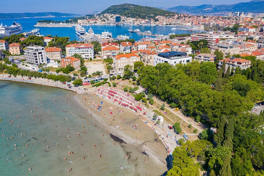 Aerial view of Split, Croatia, showcasing Bačvice beach and the city's vibrant coastal landscape.