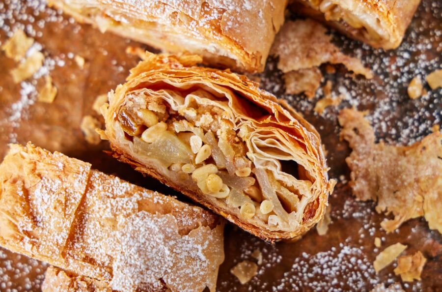 Flaky apple strudel with cinnamon