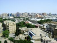Panoramic view of Baku, Azerbaijan, showcasing the city's skyline from a high vantage point.