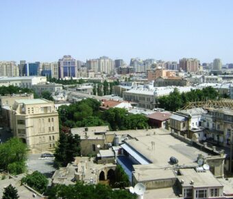 Panoramic view of Baku, Azerbaijan, showcasing the city's skyline from a high vantage point.