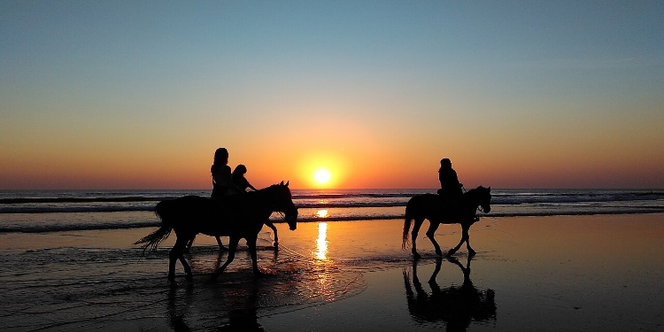 Two riders on horses gallop along a Bali beach at sunset, with vibrant colors reflecting on the water.