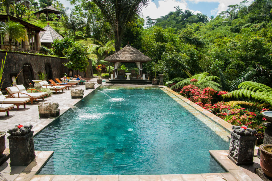 Decorative pool at a resort in Ubud, Bali, Indonesia, showcasing lush surroundings and tranquil ambiance
