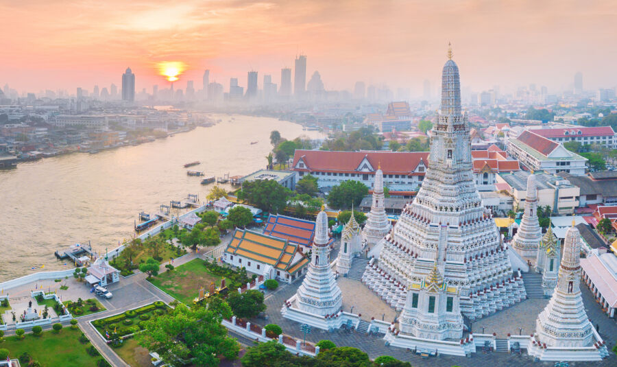 Aerial perspective of Bangkok, Thailand, highlighting the dynamic cityscape