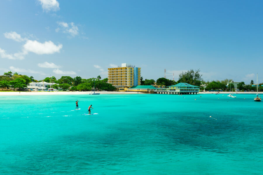 Paddle boarders enjoy the sunny tropical beach in Barbados, with vibrant blue waters and lush greenery