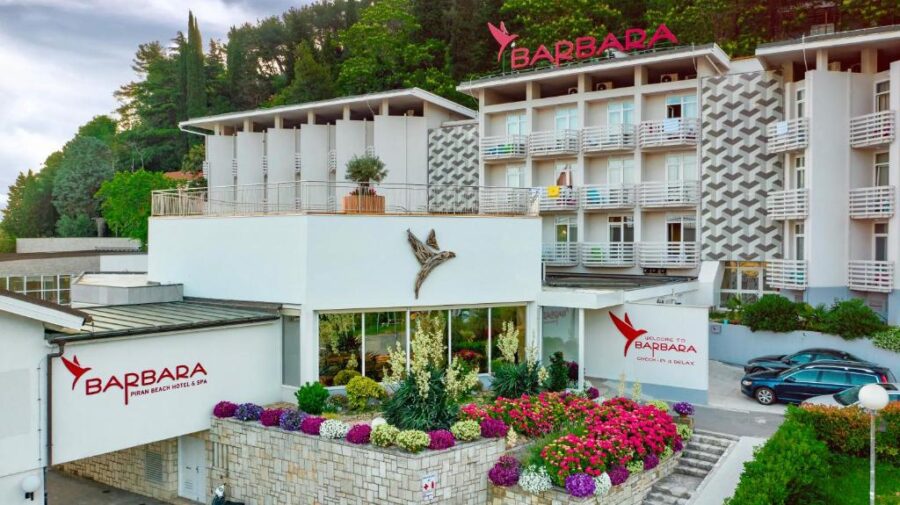 The Barbara Piran Beach Hotel, surrounded by mountains, offers breathtaking views in Piran, Slovenia.
