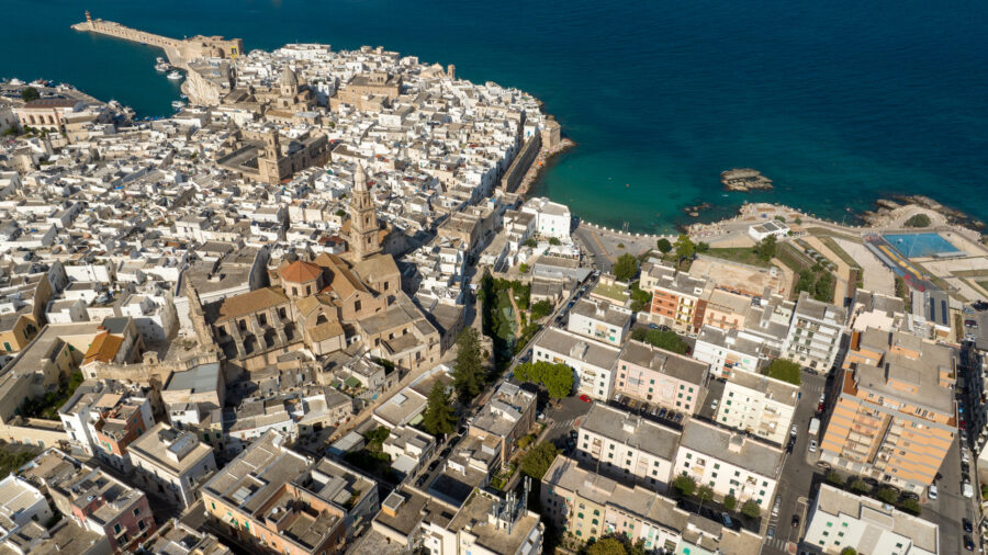 Aerial view of Monopoli's historic center, featuring the Basilica, Palmieri Palace, and Cala Porta Vecchia beach.