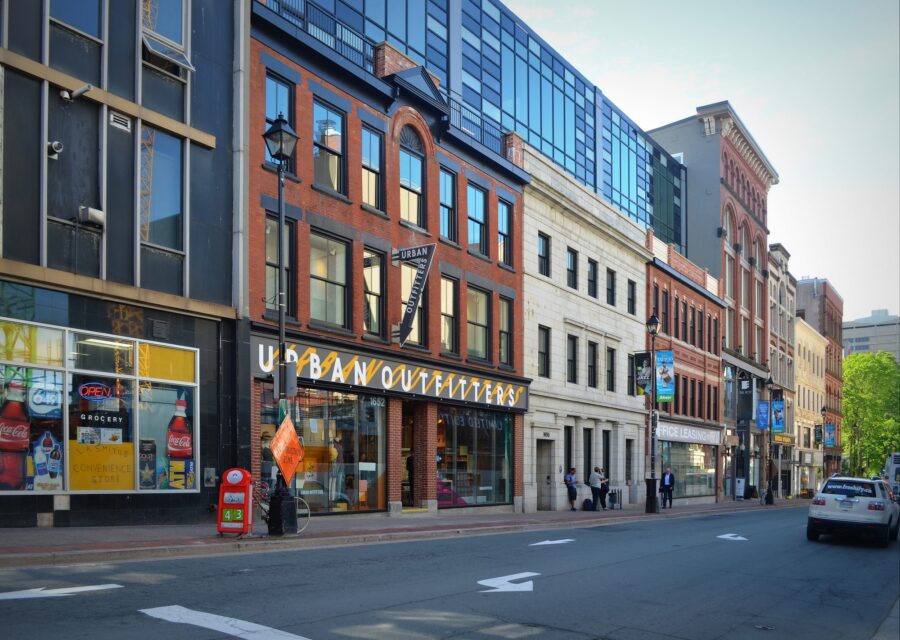 Prominent building featuring many windows, situated on Barrington Street in Halifax, Nova Scotia, Canada.
