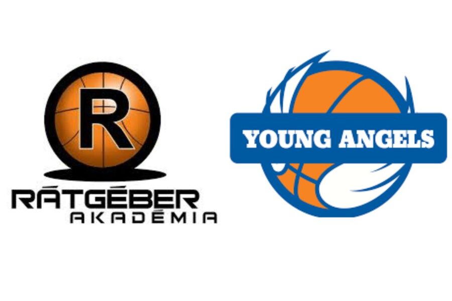 Two basketball logos side-by-side: Rátgéber Academy Pécs and Young Angels Košice.