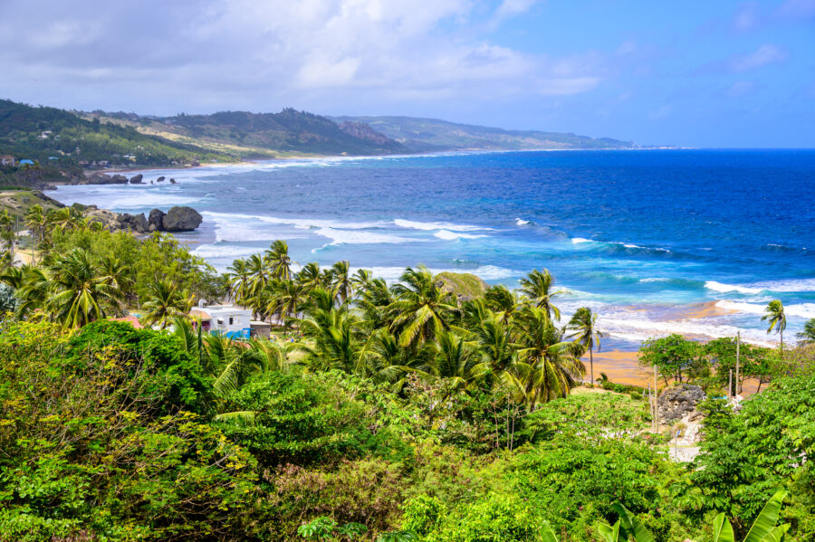 Scenic rock formation on Bathsheba beach, highlighting the beautiful East coast of Barbados and its tropical Caribbean allure.