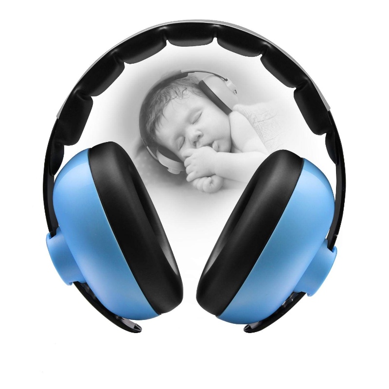 Baby peacefully sleeping while wearing blue BBTKCARE toddler earmuffs for noise protection.