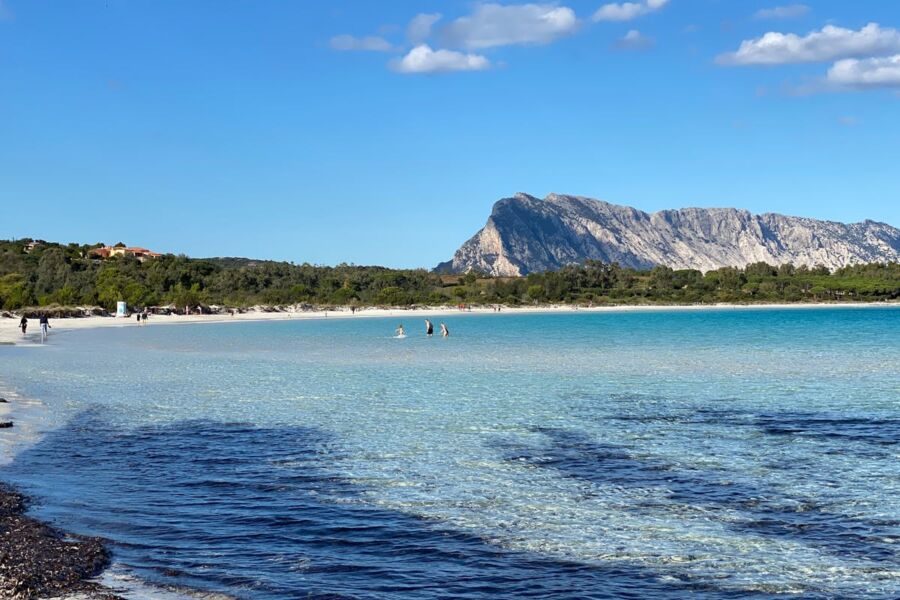 Stunning beach with turquoise waters, majestic mountains, clear sky, and serene atmosphere.