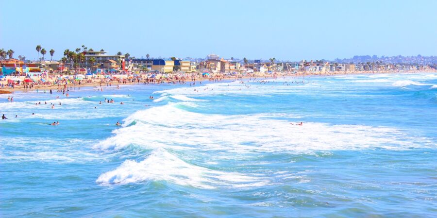 Vibrant San Diego beach scene with sunbathers, swimmers, and palm trees under clear skies.
