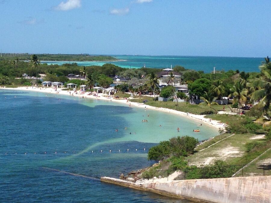 Turquoise waters, sandy beach, palm trees, beach huts, and swimmers under a clear sky.
