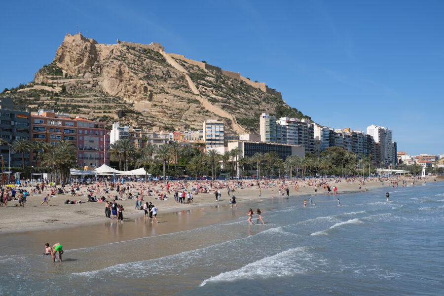 Scenic beach with historic castle, vibrant shoreline, palm trees, and lively beachfront activities.