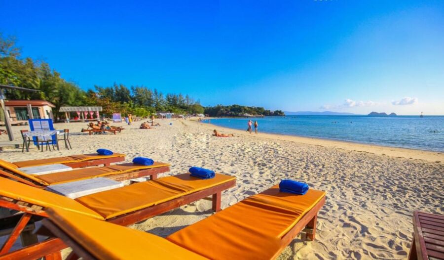 Relaxing beach scene with lounge chairs, azure waters, golden sand, and vibrant surroundings.