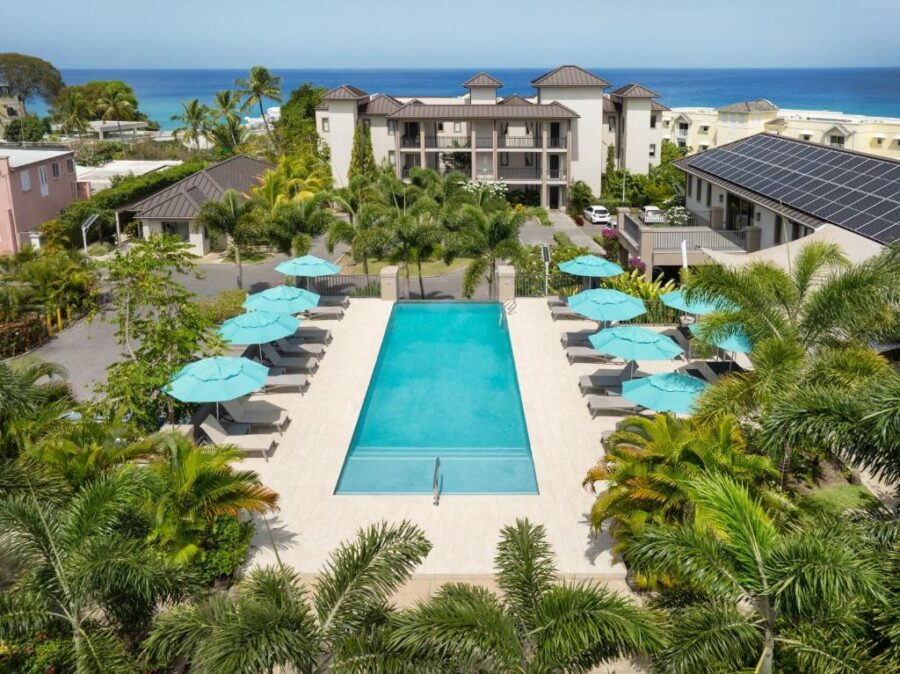 The inviting pool at a Beach View Barbados, with stunning views of the ocean and palm trees.