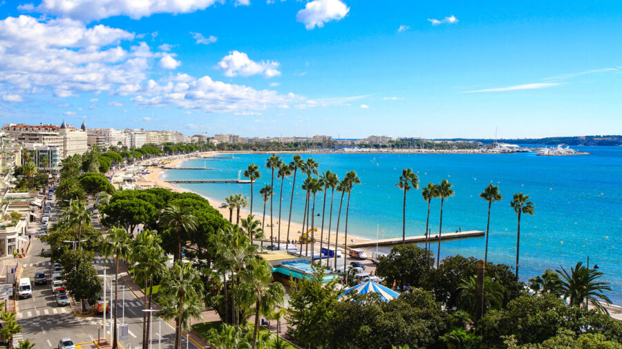 Cannes beachfront cityscape with Mediterranean Sea, palm trees, promenade, and boats under a blue sky.