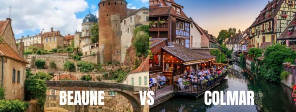Beaune and Colmar waterfronts: medieval riverbank and Alsace canal with half-timbered houses.