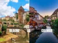 Beaune and Colmar waterfronts: medieval riverbank and Alsace canal with half-timbered houses.