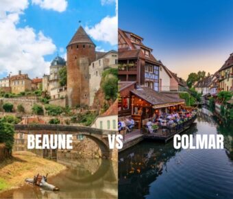 Beaune and Colmar waterfronts: medieval riverbank and Alsace canal with half-timbered houses.