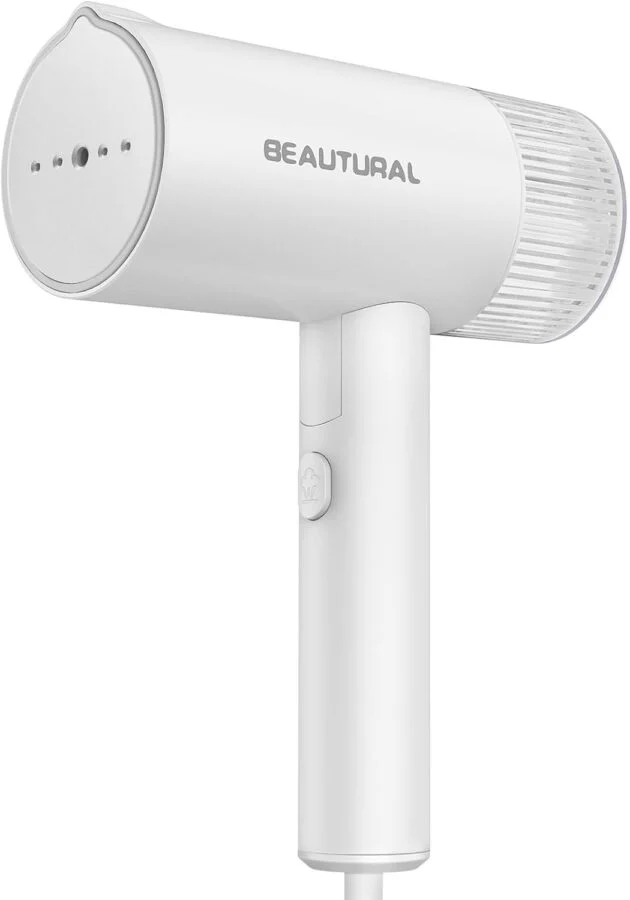 BEAUTURAL handheld travel garment steamer in white with clear water reservoir.
