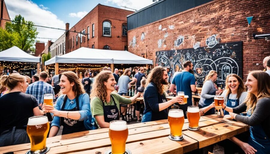Novi Sad craft beer garden courtyard with friends toasting at picnic tables.