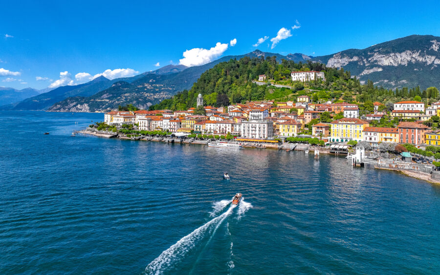 Aerial view of Bellagio village, showcasing its charming buildings and scenic location on Lake Como, Italy