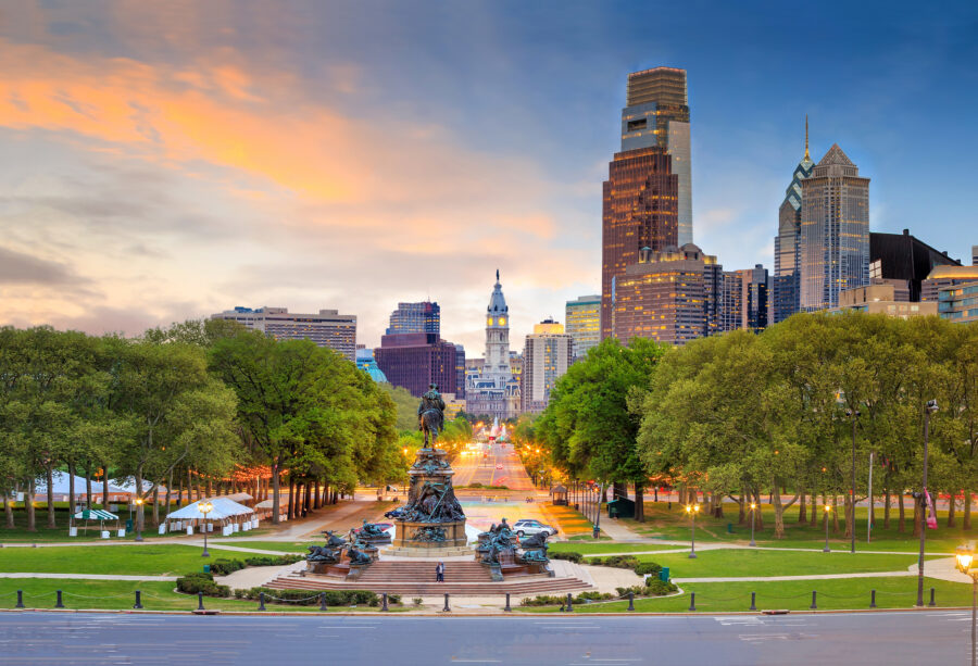 Sunset view from the Benjamin Franklin Parkway in Philadelphia, the city is enveloped in warm colors