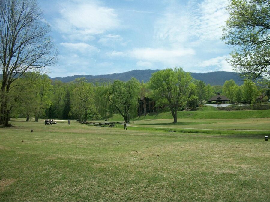 Grassy field with scattered trees, featuring the Bent Creek Golf Course in Gatlinburg.