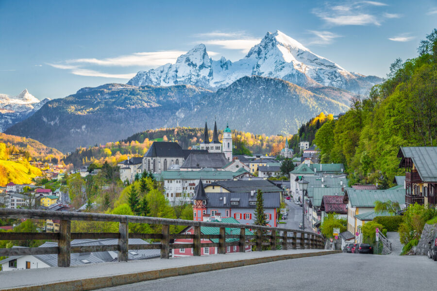 Panoramic view of historic Berchtesgaden town with Watzmann mountain at sunset during spring in Upper Bavaria, Germany