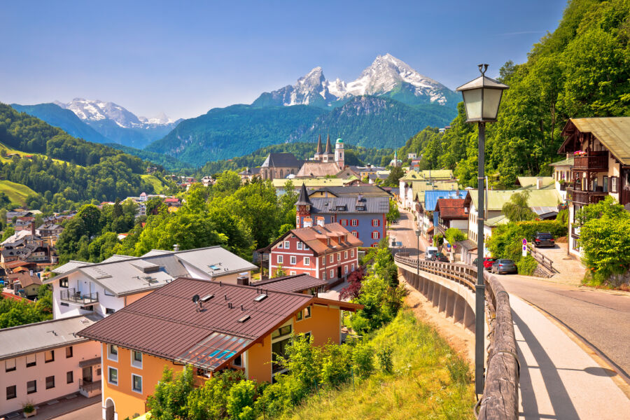 Panoramic landscape of Berchtesgaden with charming town nestled among the towering Alps and vibrant natural scenery